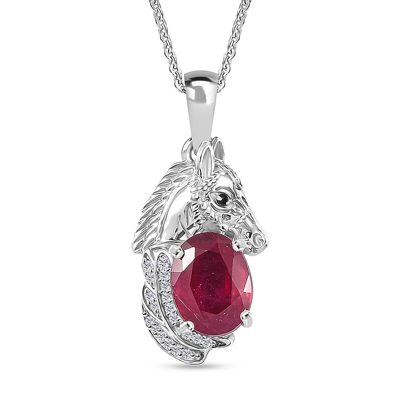 D'Joy Premium Niassa Ruby (FF) and Multi Gemstone 2.85 ctw Horse Pendant Necklace in Rhodium Over Sterling Silver 20 Inches