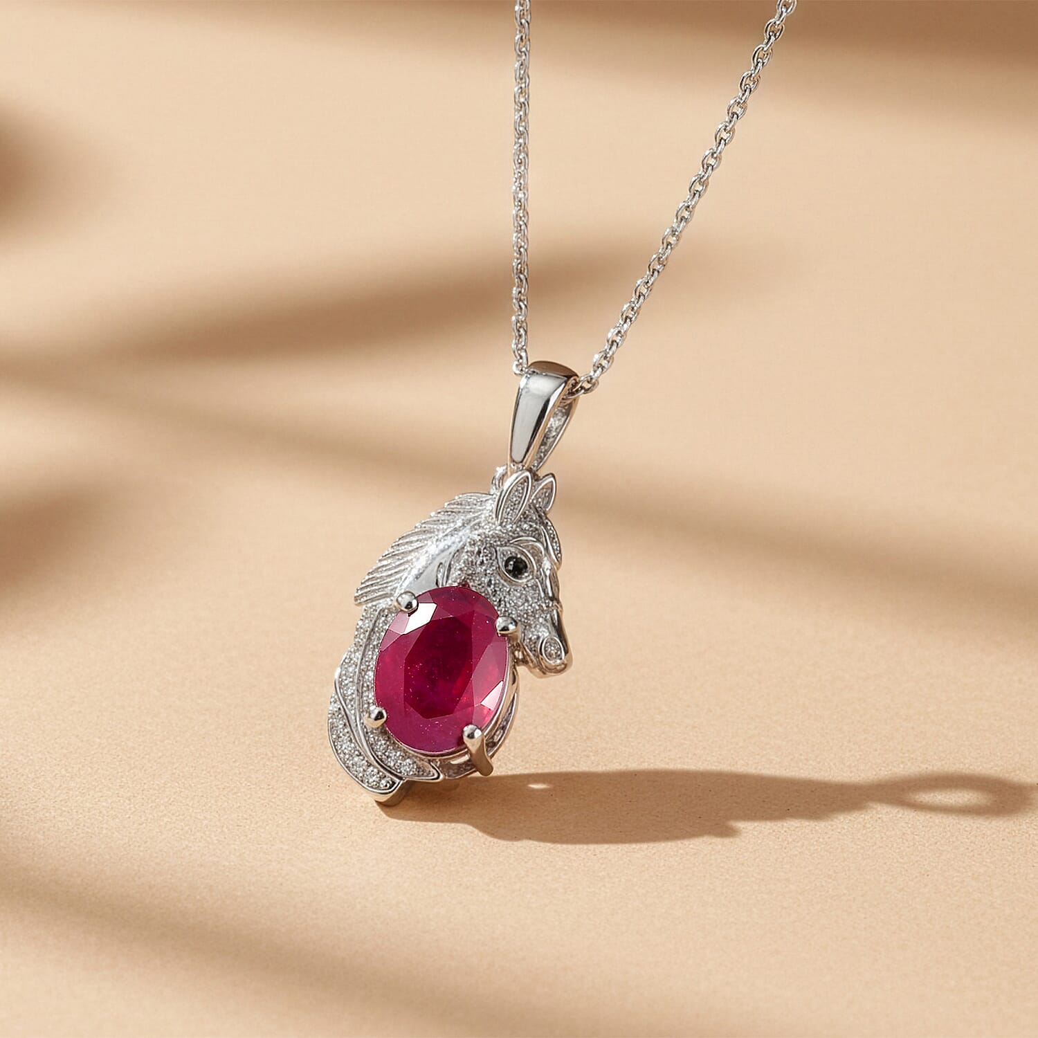 D'Joy Premium Niassa Ruby (FF) and Multi Gemstone 2.85 ctw Horse Pendant Necklace in Rhodium Over Sterling Silver 20 Inches
