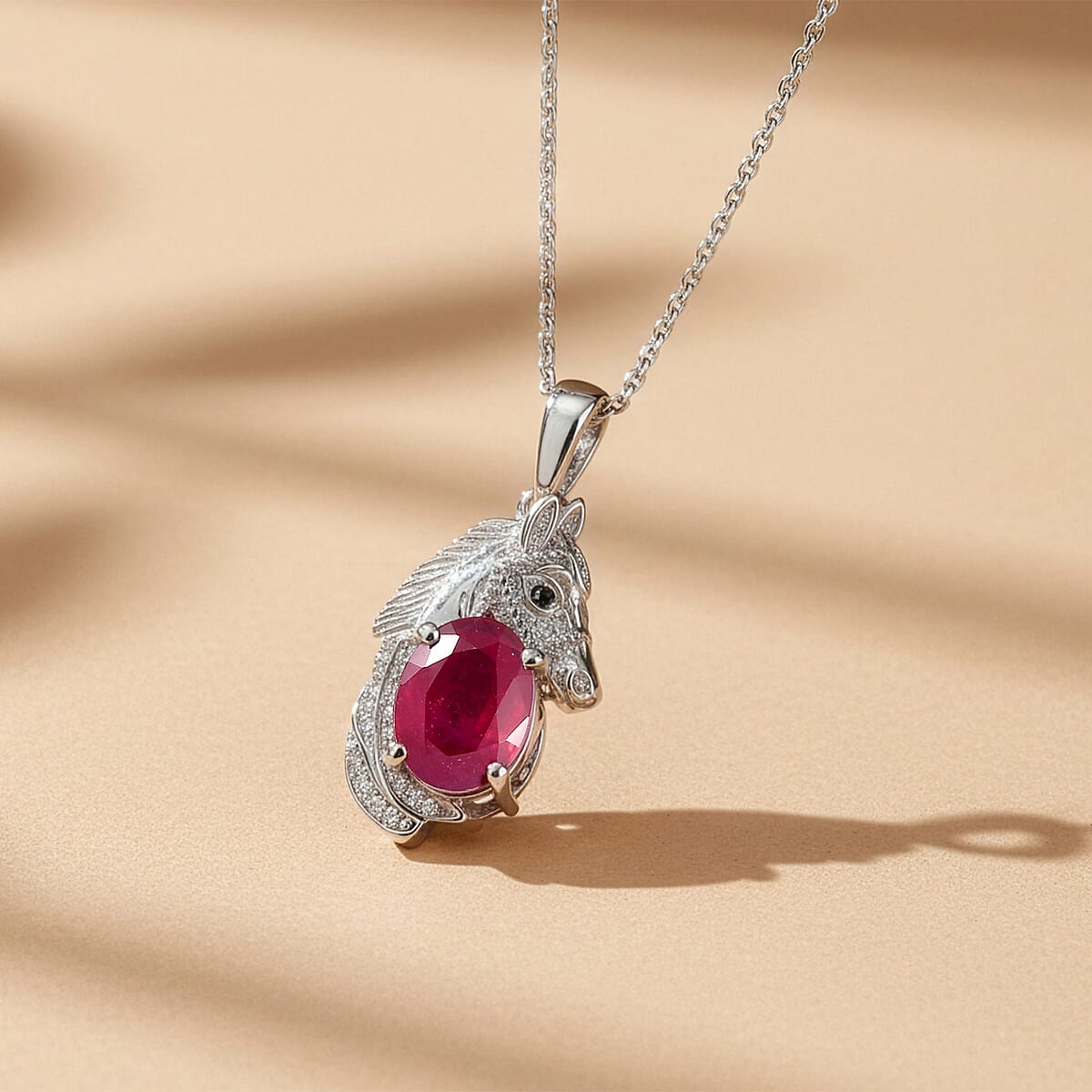 D'Joy Premium Niassa Ruby (FF) and Multi Gemstone 2.85 ctw Horse Pendant Necklace in Rhodium Over Sterling Silver 20 Inches  image number 1