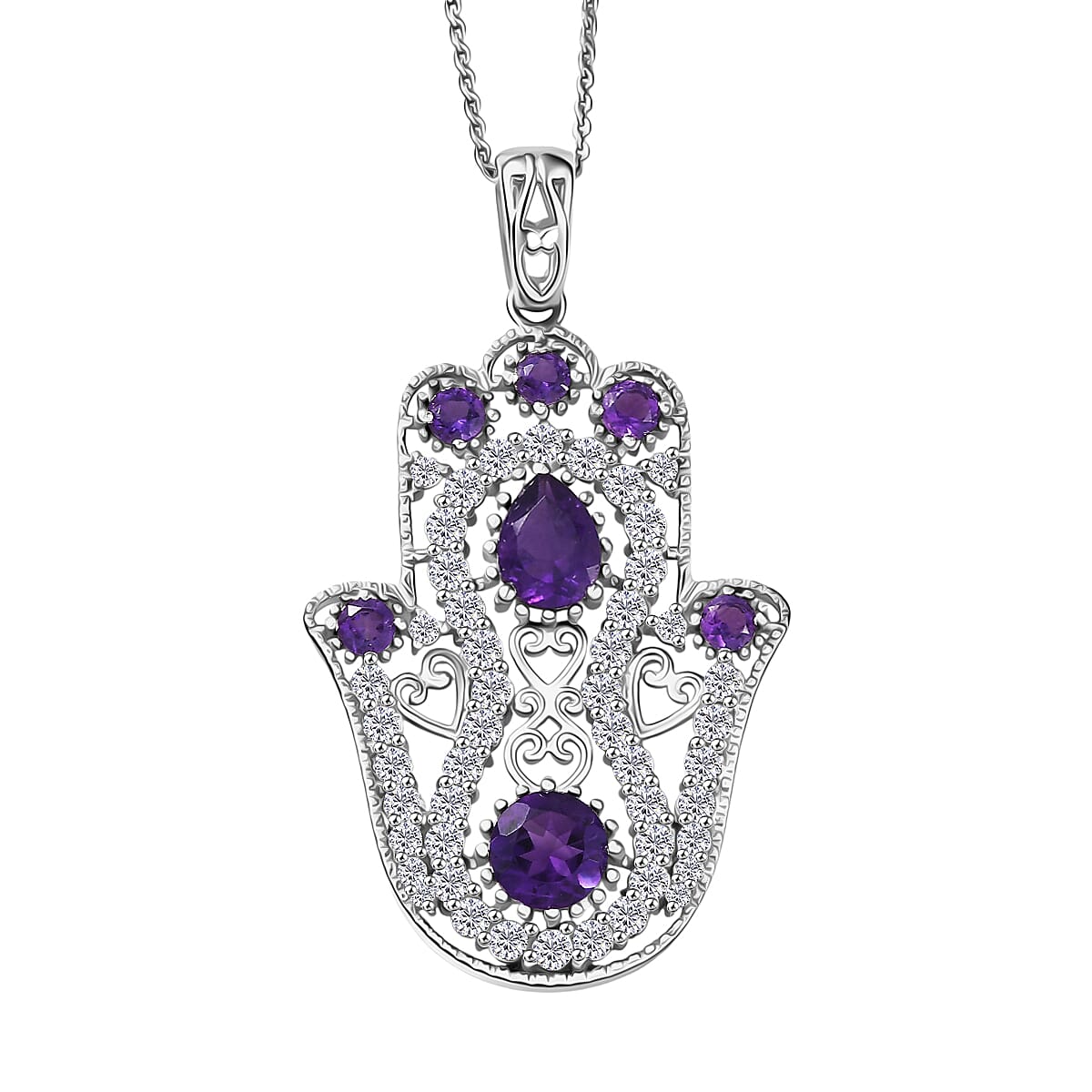 D'Joy Passport to Israel Premium African Amethyst and White Zircon 4.15 ctw Pendant Necklace in Rhodium Over Sterling Silver 20 Inches