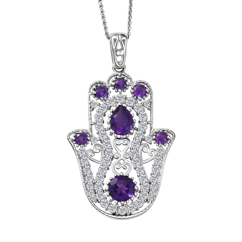 D'Joy Passport to Israel Premium African Amethyst and White Zircon 4.15 ctw Pendant Necklace in Rhodium Over Sterling Silver 20 Inches