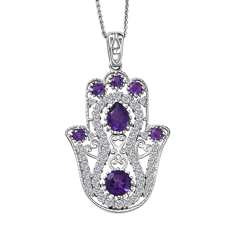 D'Joy Passport to Israel Premium African Amethyst and White Zircon 4.15 ctw Pendant Necklace in Rhodium Over Sterling Silver 20 Inches