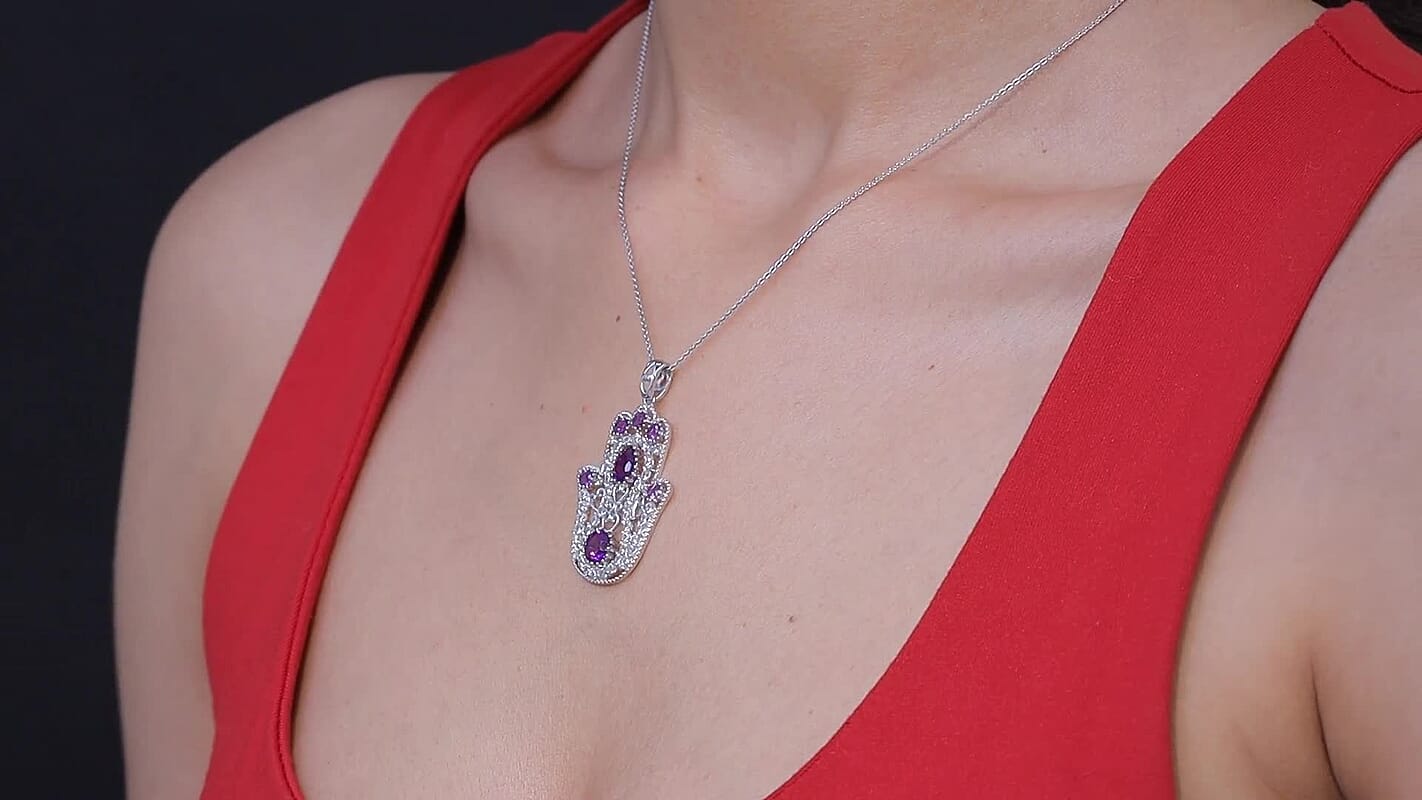 D'Joy Passport to Israel Premium African Amethyst and White Zircon 4.15 ctw Pendant Necklace in Rhodium Over Sterling Silver 20 Inches