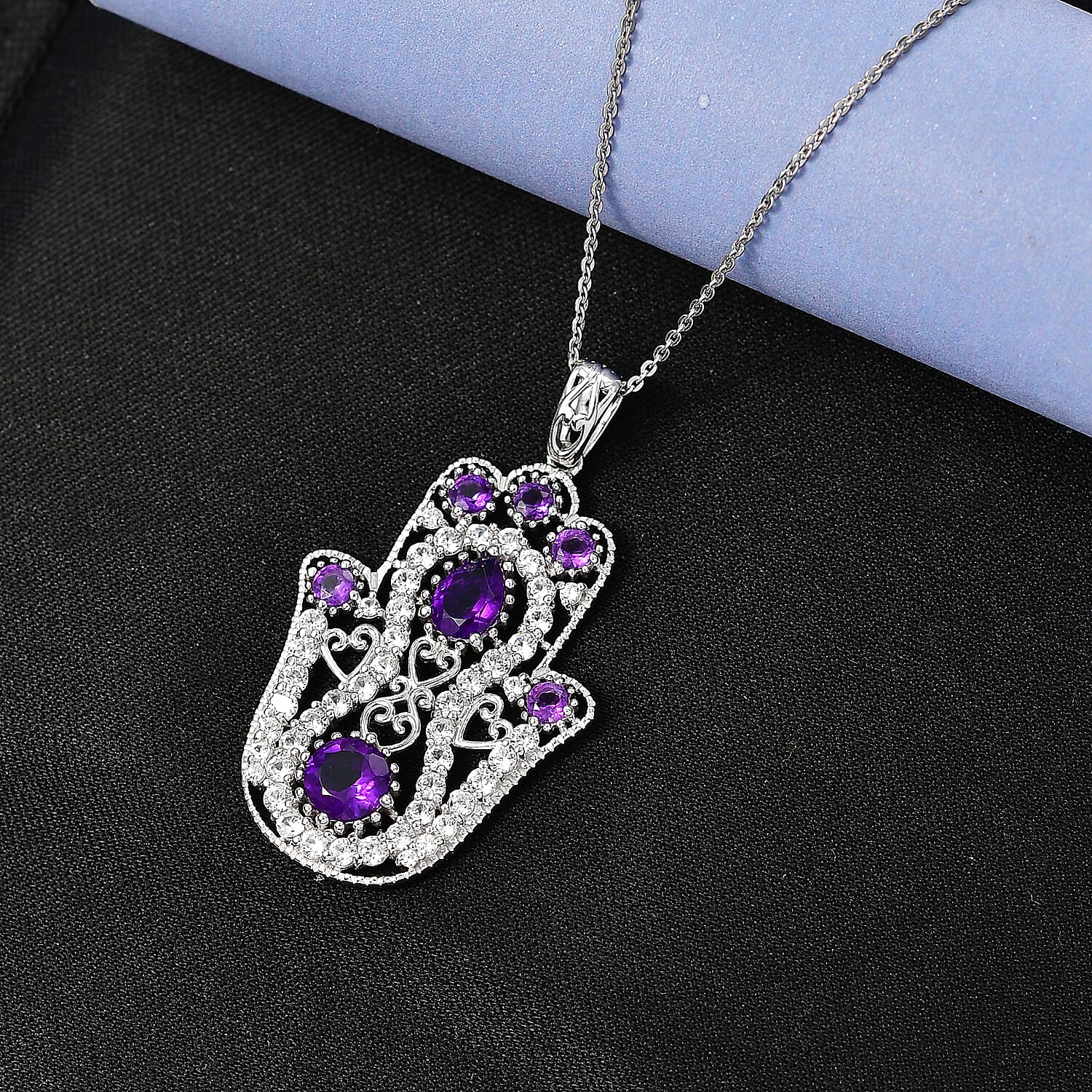 D'Joy Passport to Israel Premium African Amethyst and White Zircon 4.15 ctw Pendant Necklace in Rhodium Over Sterling Silver 20 Inches