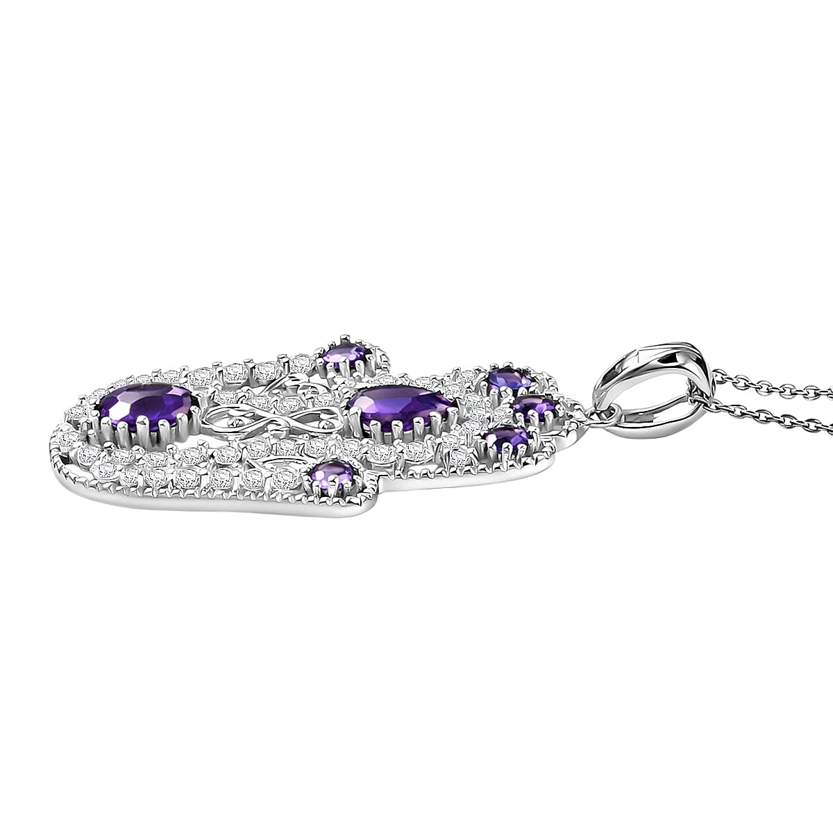 D'Joy Passport to Israel Premium African Amethyst and White Zircon 4.15 ctw Pendant Necklace in Rhodium Over Sterling Silver 20 Inches