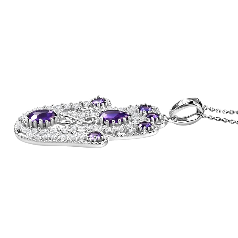 D'Joy Passport to Israel Premium African Amethyst and White Zircon 4.15 ctw Pendant Necklace in Rhodium Over Sterling Silver 20 Inches