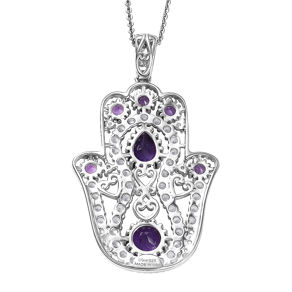 D'Joy Passport to Israel Premium African Amethyst and White Zircon 4.15 ctw Pendant Necklace in Rhodium Over Sterling Silver 20 Inches
