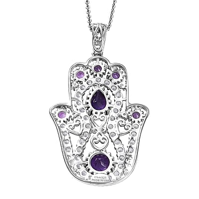 D'Joy Passport to Israel Premium African Amethyst and White Zircon 4.15 ctw Pendant Necklace in Rhodium Over Sterling Silver 20 Inches