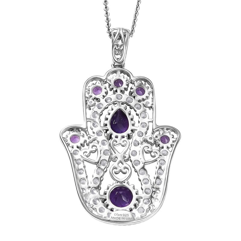 D'Joy Passport to Israel Premium African Amethyst and White Zircon 4.15 ctw Pendant Necklace in Rhodium Over Sterling Silver 20 Inches