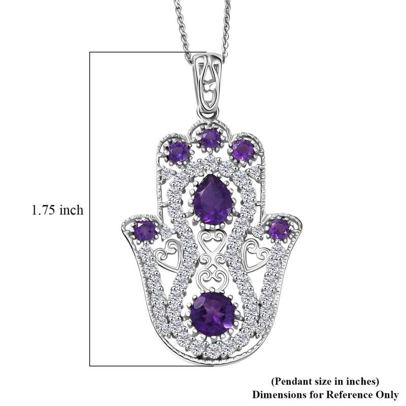 D'Joy Passport to Israel Premium African Amethyst and White Zircon 4.15 ctw Pendant Necklace in Rhodium Over Sterling Silver 20 Inches