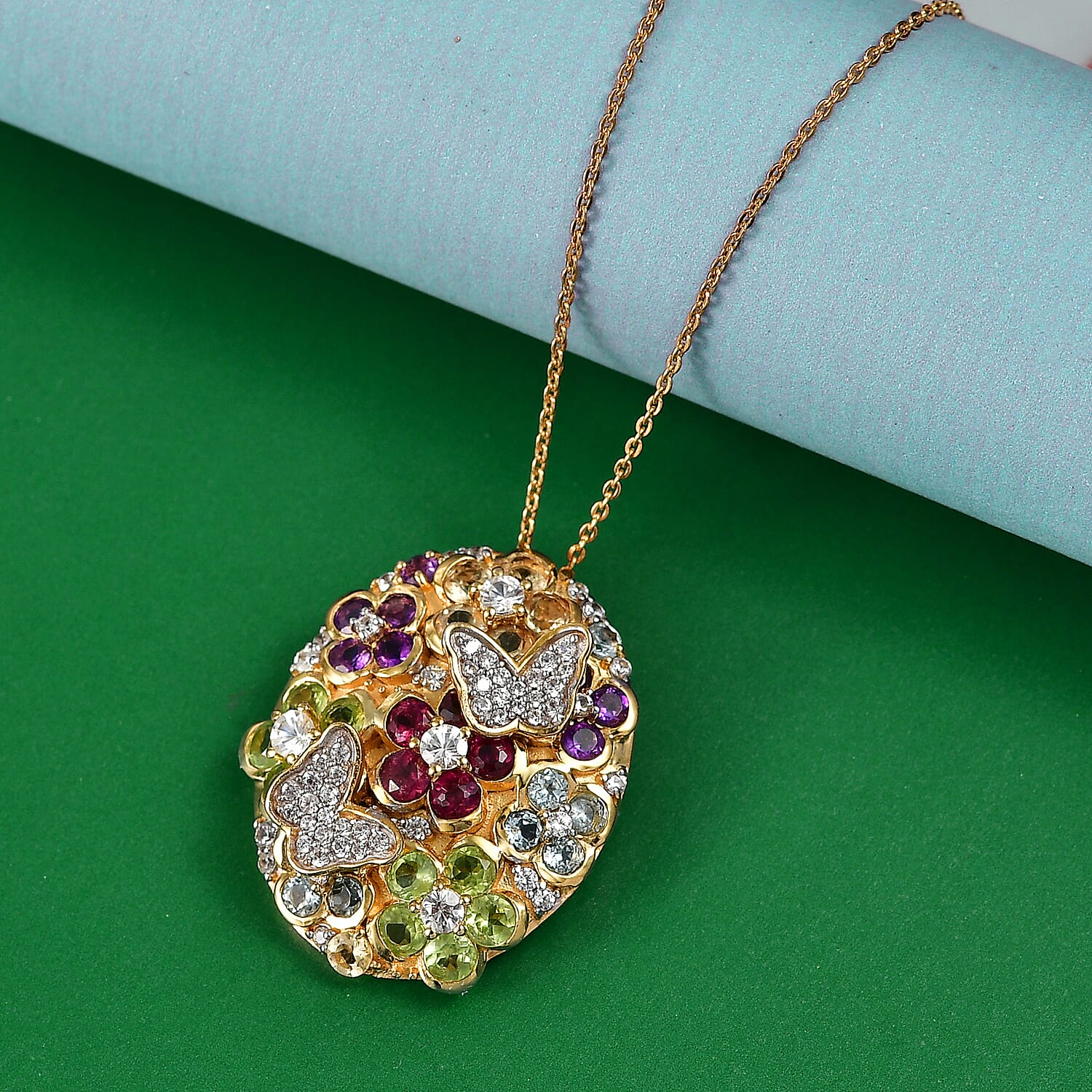 GP Multi Gemstone 5.10 ctw Pendant Necklace (20 Inches) in 18K Vermeil Yellow Gold Over Sterling Silver