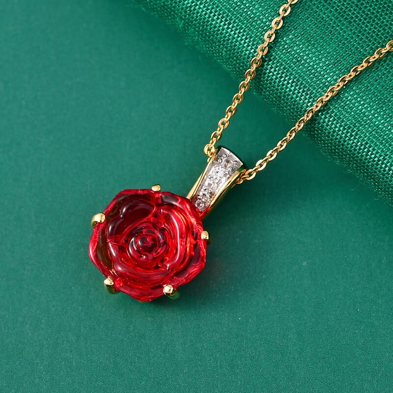 GP Whispers of Murano Glass, White Zircon 0.07 ctw Pendant Necklace in 18K Vermeil YG Over Sterling Silver (20 Inches)