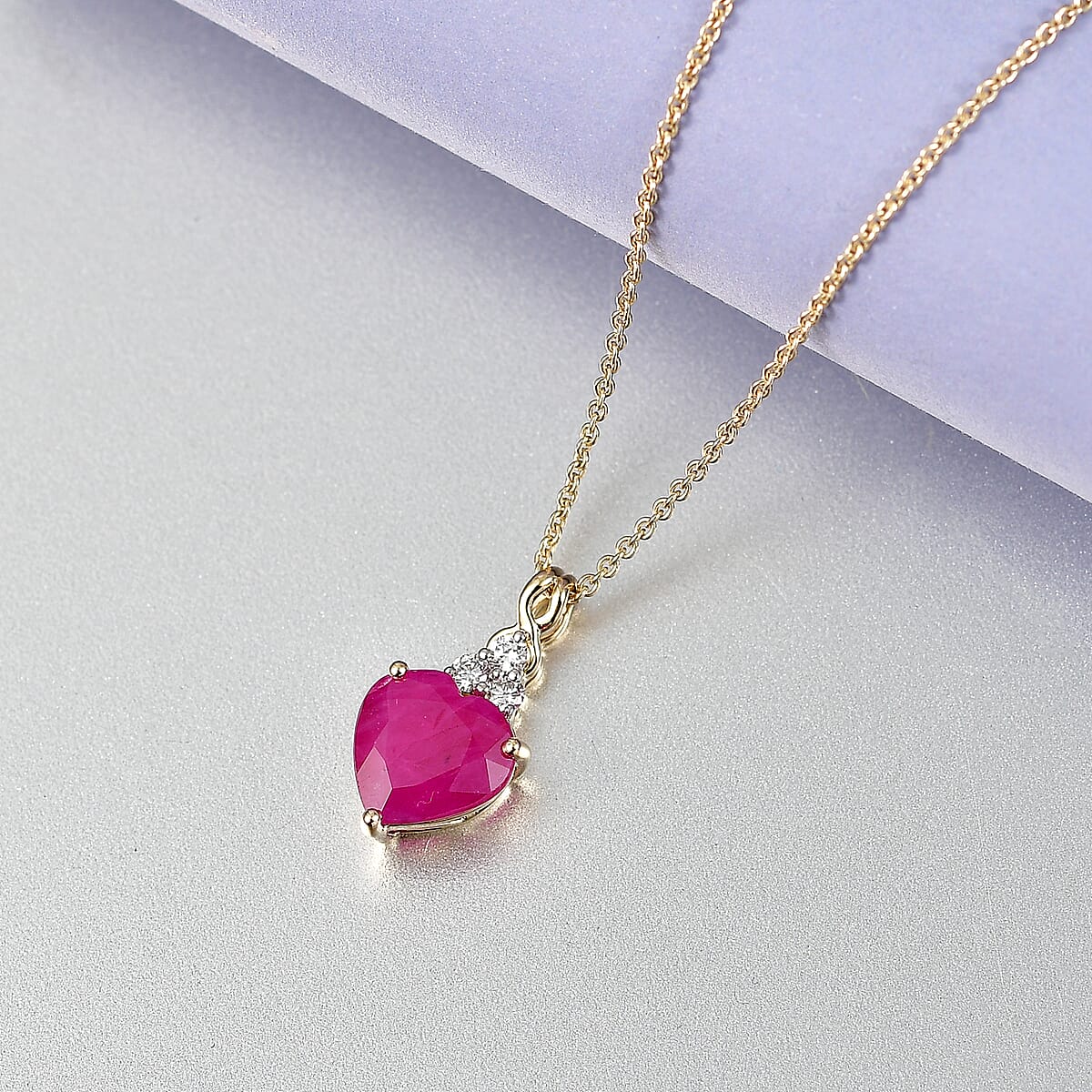 Certified & Appraised AAA Montepuez Ruby and Luxuriant Lab Grown Diamond G-H SI 3.40 ctw Heart Pendant Necklace in 10K Yellow Gold 0.90 Grams 20 Inches image number 1