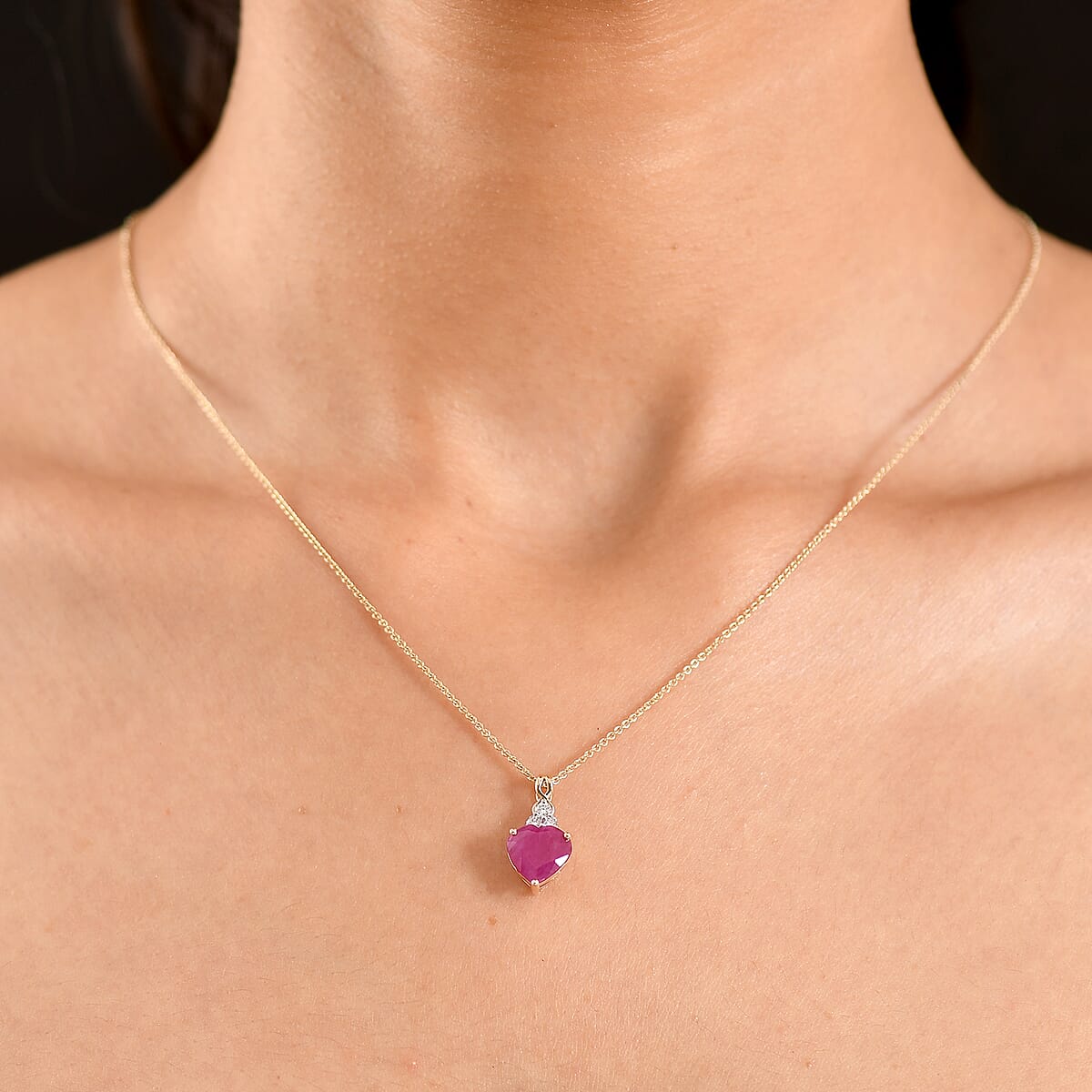 Certified & Appraised AAA Montepuez Ruby and Luxuriant Lab Grown Diamond G-H SI 3.40 ctw Heart Pendant Necklace in 10K Yellow Gold 0.90 Grams 20 Inches image number 2