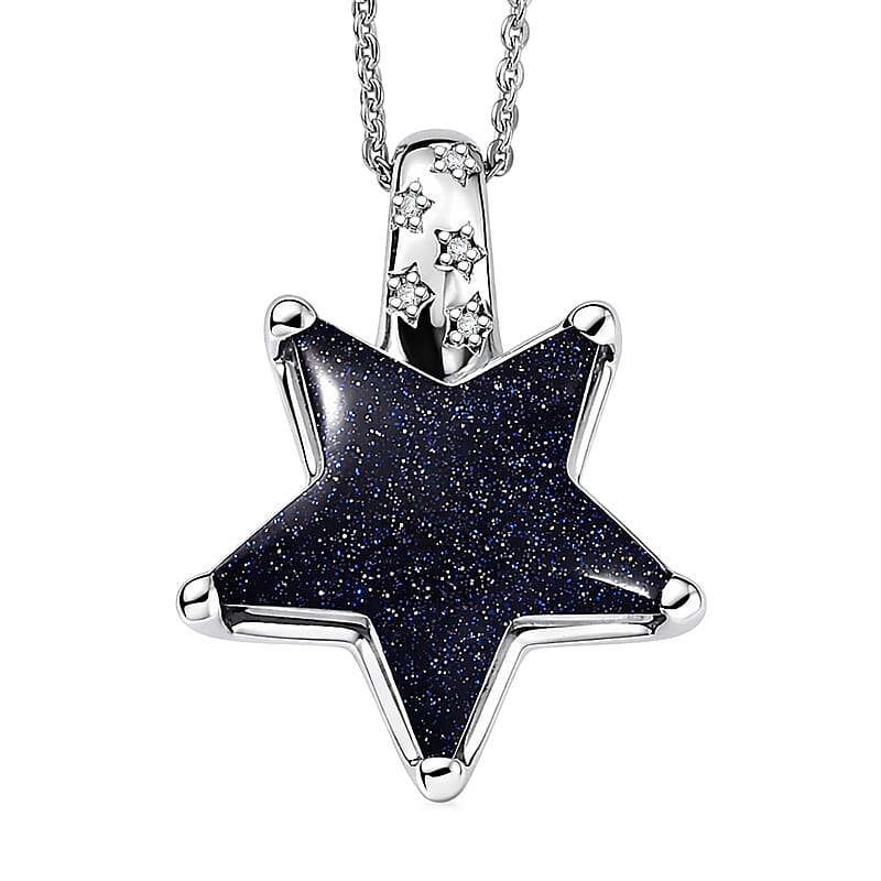 GP Whispers of Black Murano Style and White Zircon 0.07 ctw Star Pendant Necklace in Rhodium Over Sterling Silver (20 Inches)