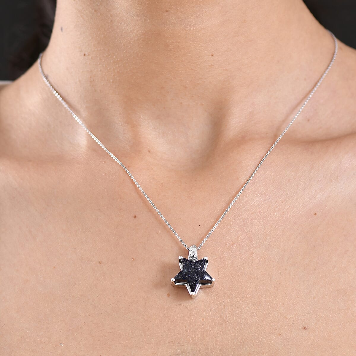 GP Black Murano Style and White Zircon 0.07 ctw Star Pendant Necklace in Rhodium Over Sterling Silver (20 Inches) image number 3