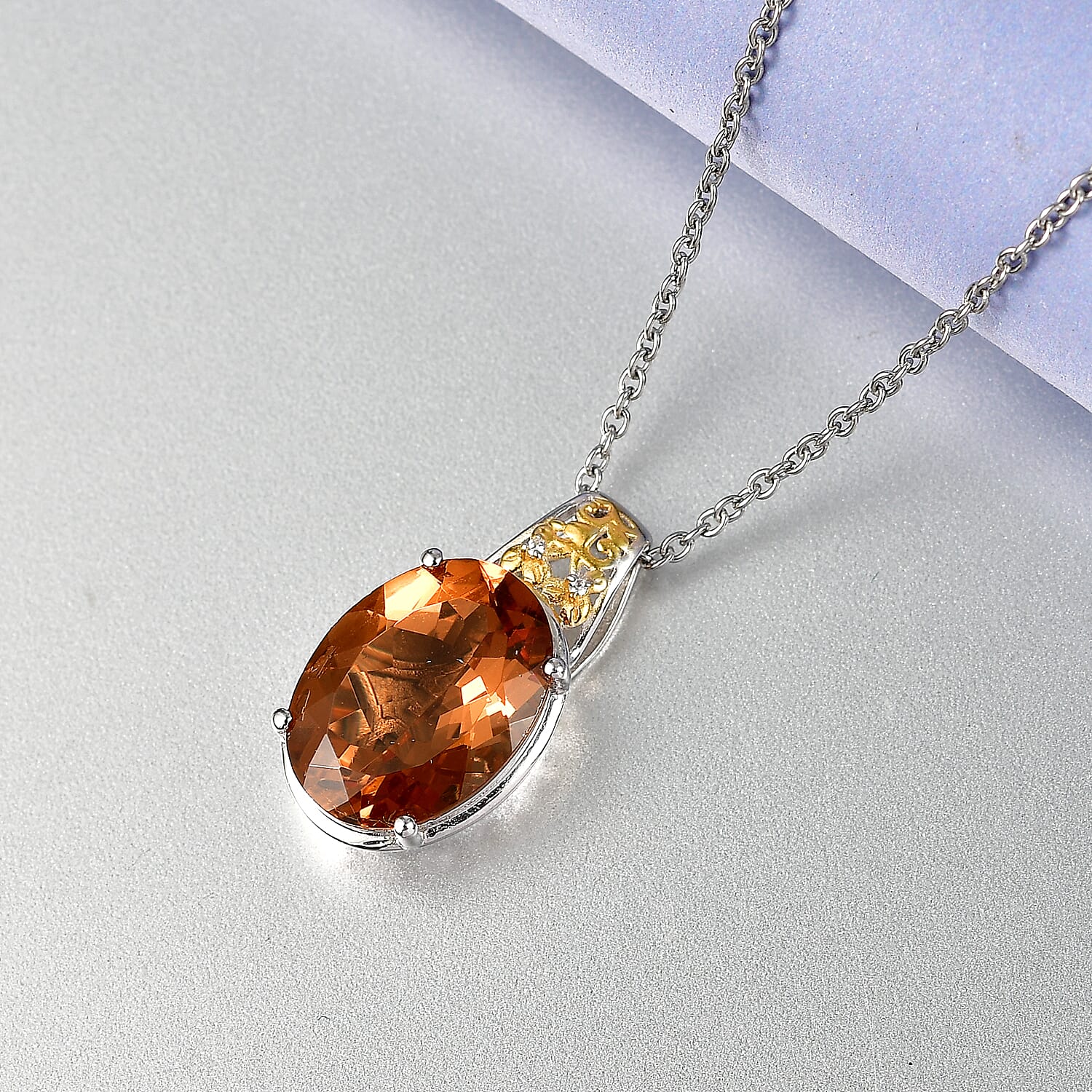 EverTrue Autumn Alexite and White Zircon 8.80 ctw Fallfire Solitaire Pendant in 18K YG Plated and Platinum Bond with Stainless Steel Necklace 18 Inches