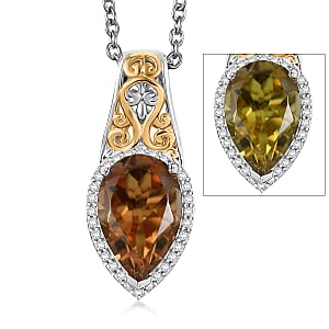 EverTrue Autumn Alexite and White Zircon 3.10 ctw Fallfire Regal Pendant in 18K YG Plated and Platinum Bond with Stainless Steel Necklace 20 Inches