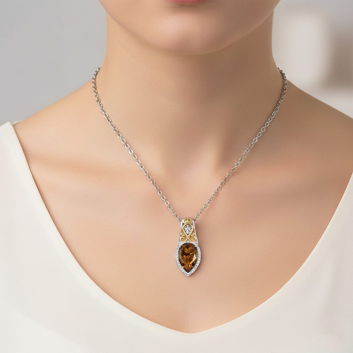 EverTrue Autumn Alexite and White Zircon 3.10 ctw Fallfire Regal Pendant in 18K YG Plated and Platinum Bond with Stainless Steel Necklace 20 Inches image number 2