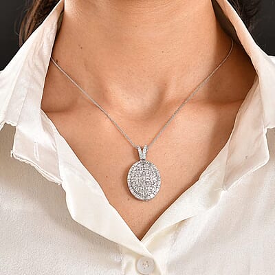 D'Joy Moissanite 3.10 ctw Shattered Mirror Pendant Necklace in Rhodium Over Sterling Silver 20 Inches