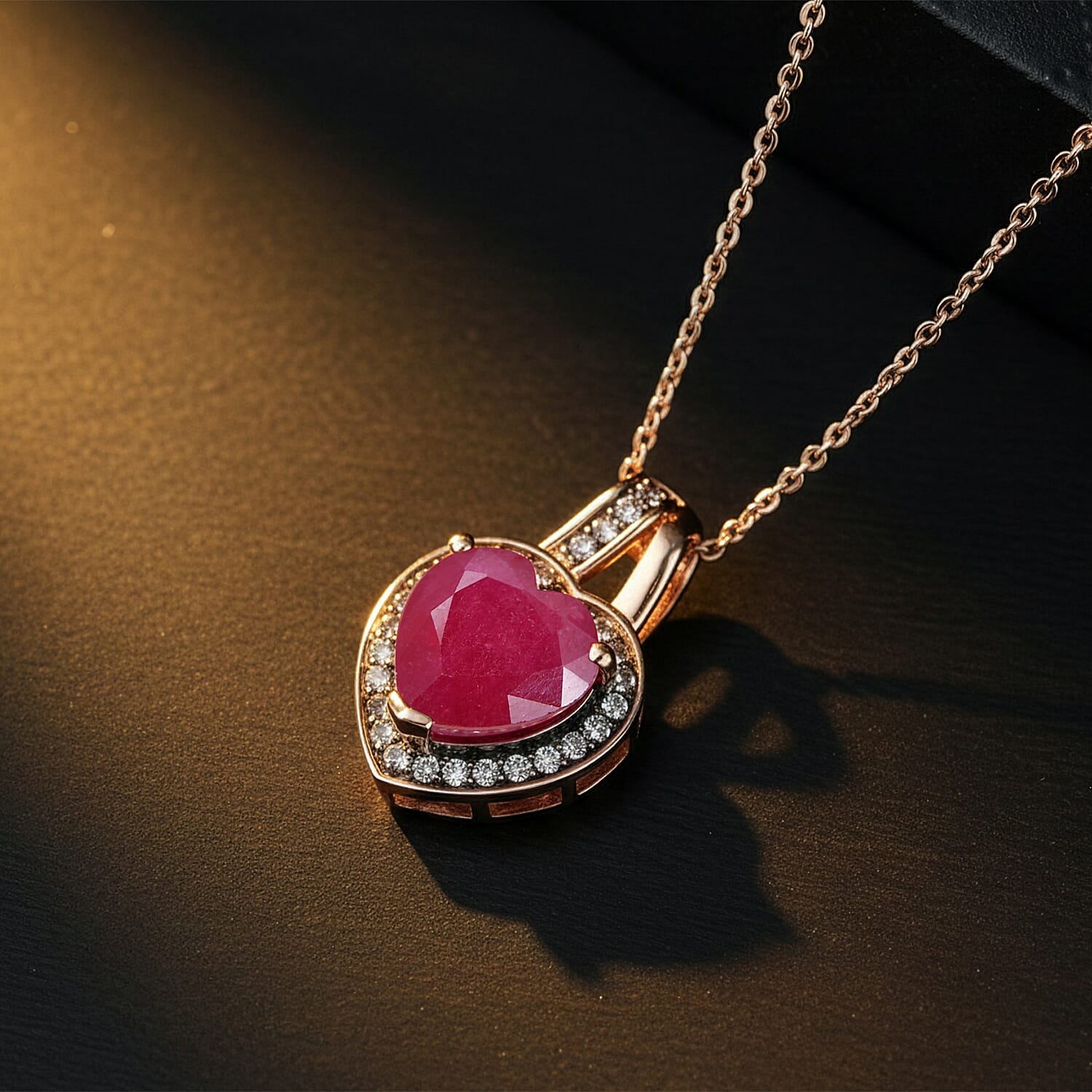 D'Joy Premium Niassa Ruby (FF) and Champagne Zircon 4.15 ctw Bloodline Heart Pendant Necklace in 18K Vermeil Rose Gold Over Sterling Silver 20 Inches
