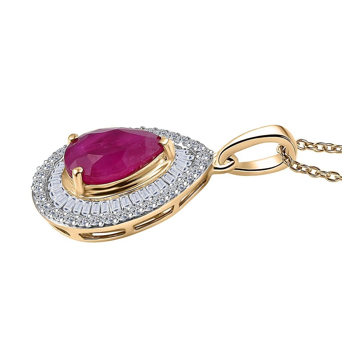 Luxoro AAA Montepuez Ruby and Diamond G-H, I2 2.30 ctw Flame Pear Pendant Necklace in 10K Yellow Gold (20 Inches) (Del. in 10-12 Days) image number 2