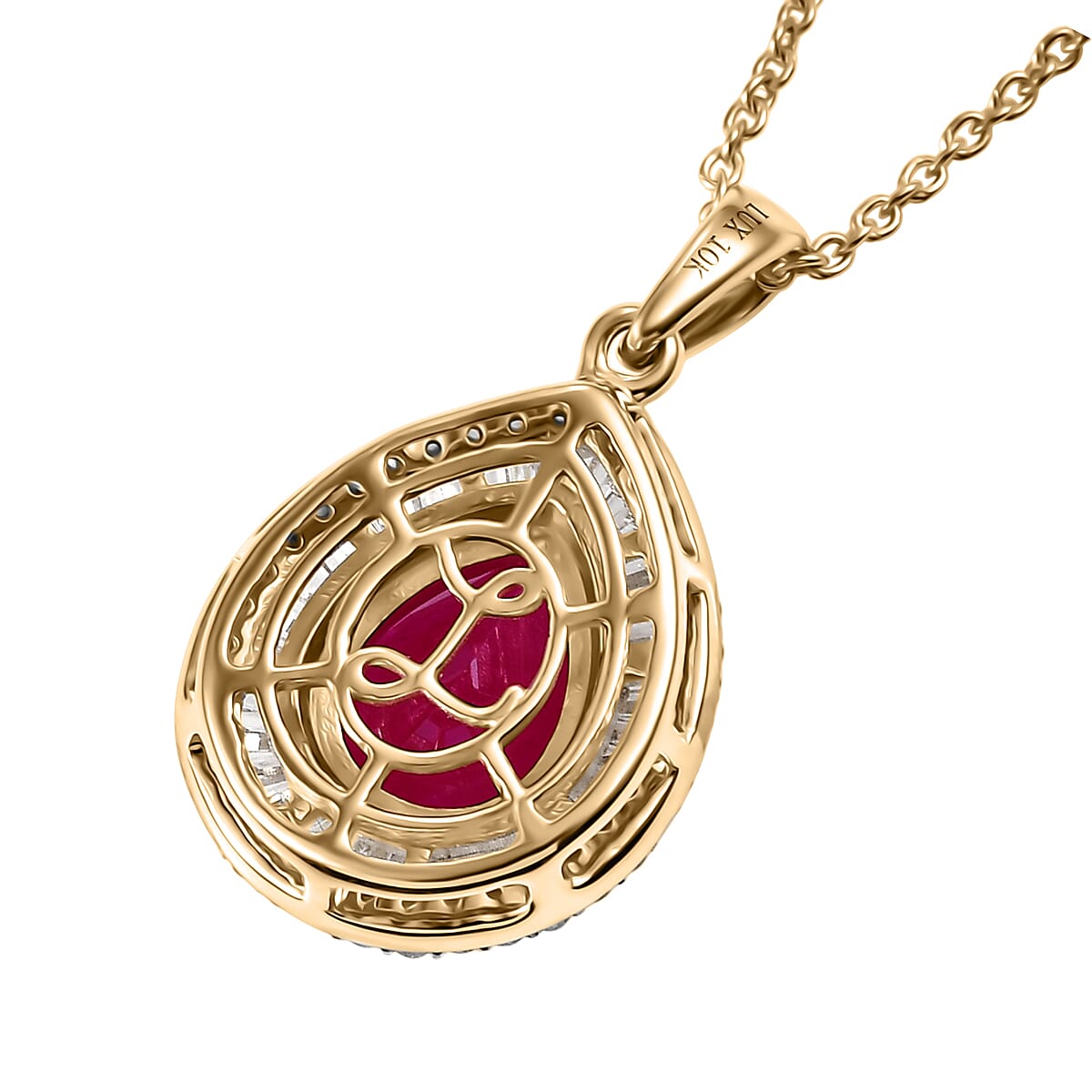 Luxoro AAA Montepuez Ruby and Diamond G-H, I2 2.15 ctw Flame Pear Pendant Necklace in 10K Yellow Gold (20 Inches)