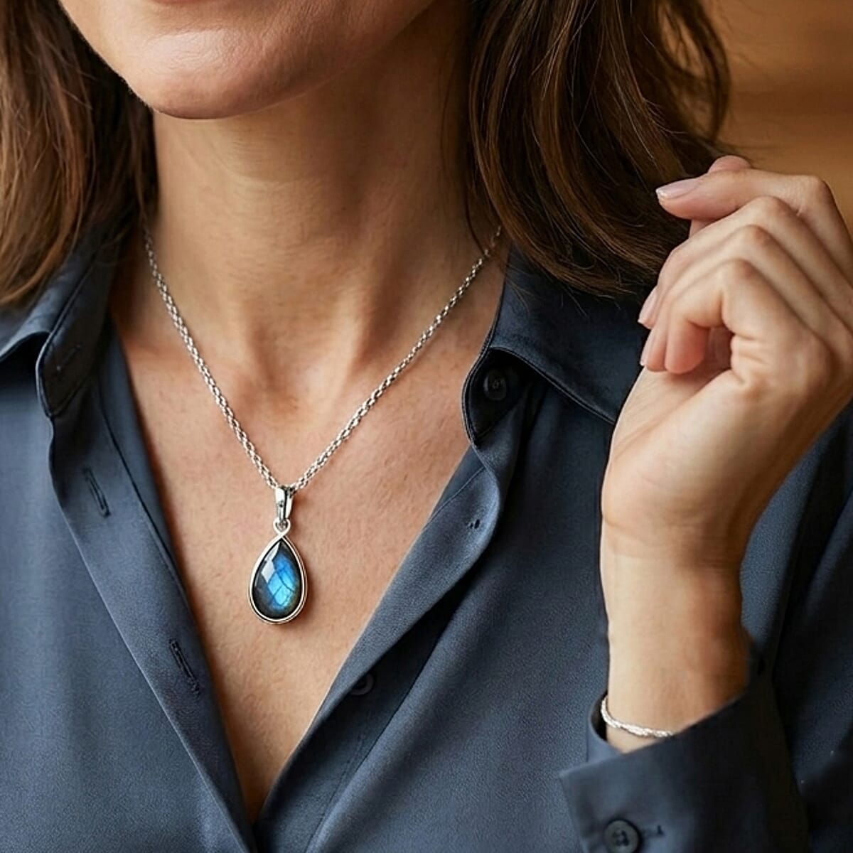 Briolitte Cut Malagasy Labradorite 2.40 ctw Pendant in Sterling Silver with Stainless Steel Necklace (18 Inches) image number 1