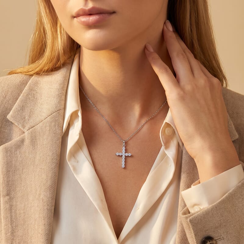 Doorbuster Luxuriant Lab Grown Diamond G-H SI 0.50 ctw Cross Pendant in Rhodium Over Sterling Silver with Stainless Steel Necklace 20 Inches