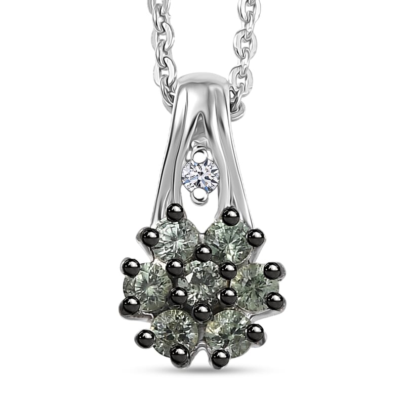 Premium Milanoa Green Sapphire and Luxuriant Lab Grown Diamond G-H SI 0.40 ctw Petal Bloom Pendant Necklace in Rhodium Over Sterling Silver 20 Inches