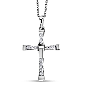 D'Joy White Zircon 0.50 ctw Cross Men's Pendant Necklace in Rhodium Over Sterling Silver (24 Inches)