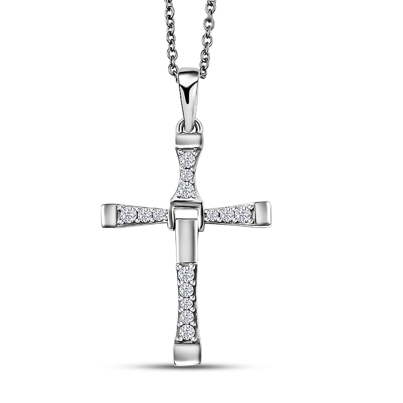 D'Joy White Zircon 0.50 ctw Cross Men's Pendant Necklace in Rhodium Over Sterling Silver (24 Inches)