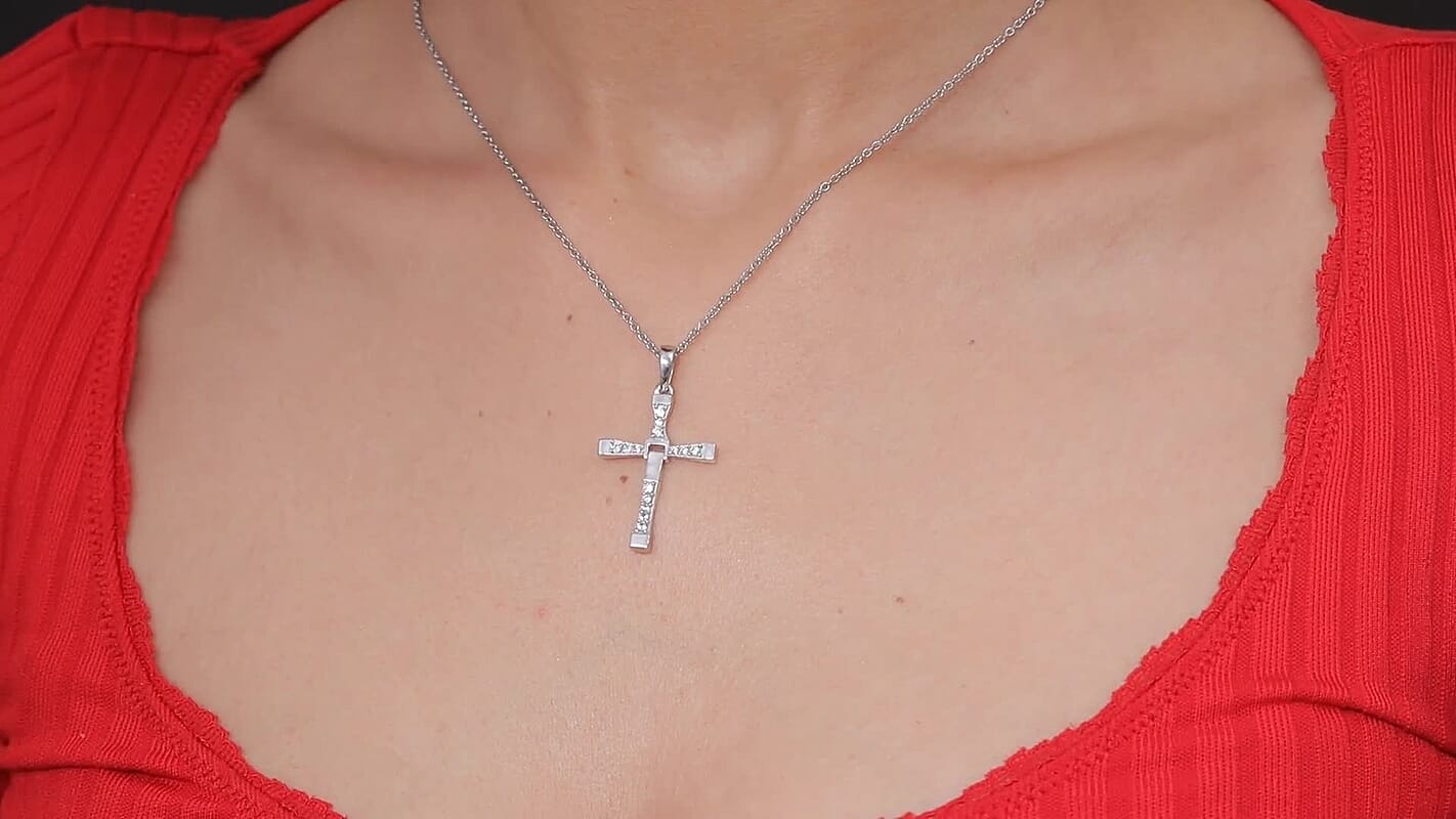 D'Joy White Zircon 0.50 ctw Cross Men's Pendant Necklace in Rhodium Over Sterling Silver (24 Inches)