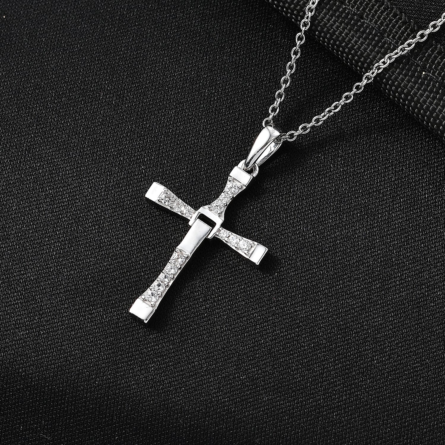 D'Joy White Zircon 0.50 ctw Cross Men's Pendant Necklace in Rhodium Over Sterling Silver (24 Inches)