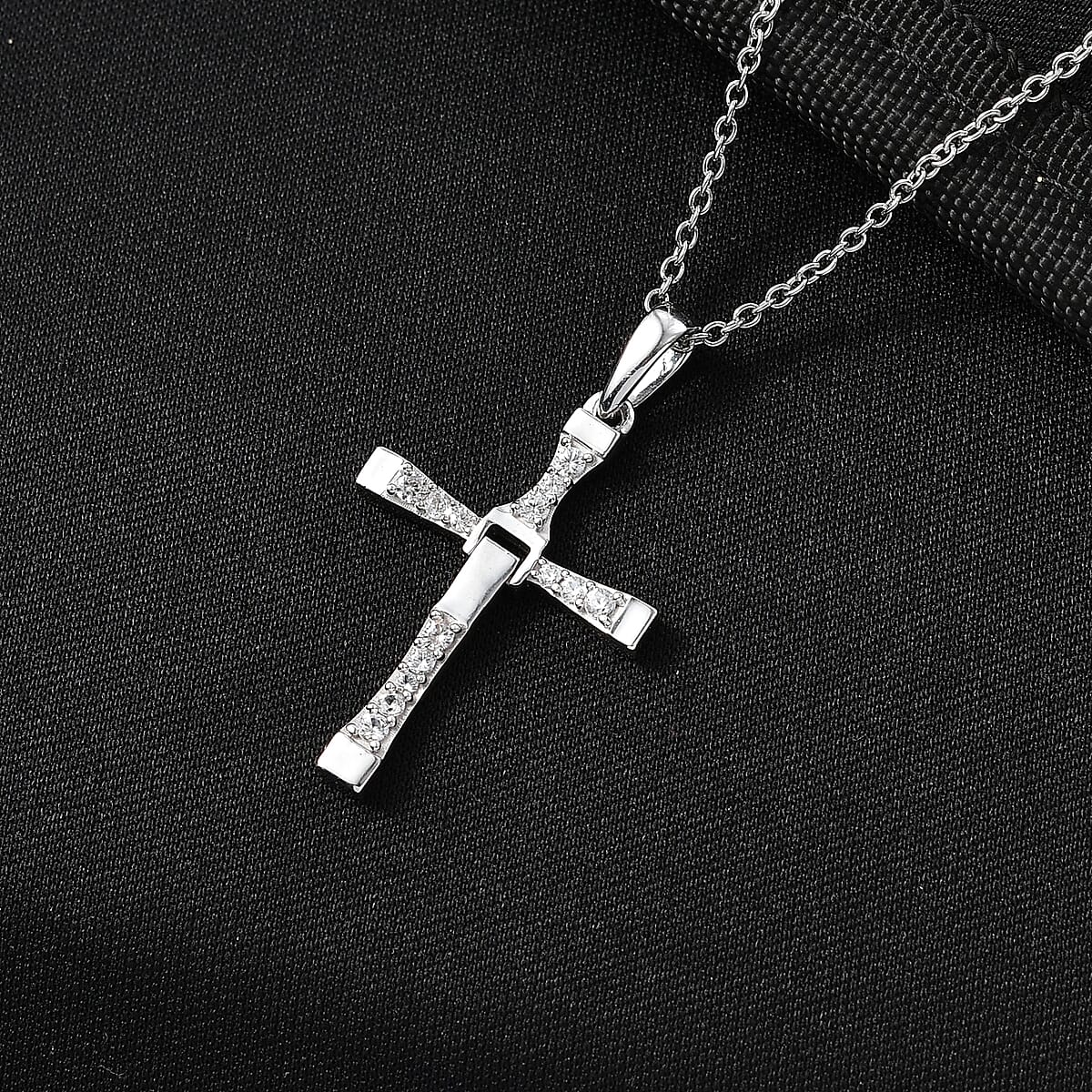 D'Joy White Zircon 0.50 ctw Cross Men's Pendant Necklace in Rhodium Over Sterling Silver (24 Inches) image number 1