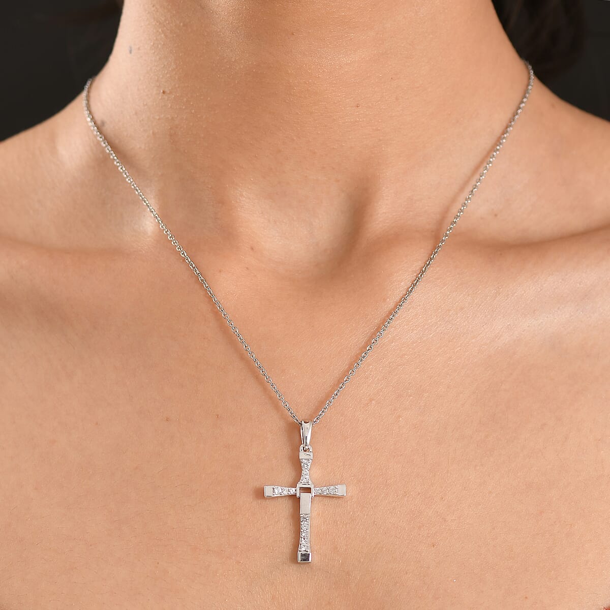 D'Joy White Zircon 0.50 ctw Cross Men's Pendant Necklace in Rhodium Over Sterling Silver (24 Inches) image number 2