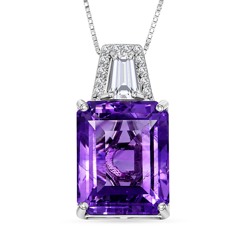 D'Joy Premium Lusaka Amethyst and Moissanite 6.60 ctw Signature Pendant Necklace in Rhodium Over Sterling Silver 20 Inches