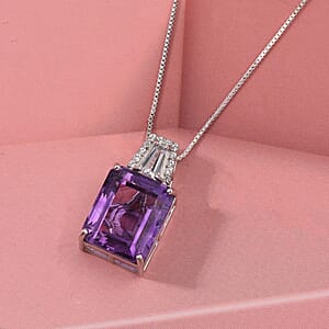 D'Joy Premium Lusaka Amethyst and Moissanite 6.60 ctw Signature Pendant Necklace in Rhodium Over Sterling Silver 20 Inches