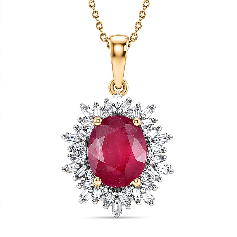 AAA African Ruby, Luxuriant Lab Grown Diamond G-H SI 4.28 ctw Pendant Necklace (20 Inches) in 18K Vermeil YG Over Sterling Silver