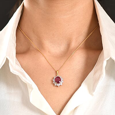 AAA African Ruby, Luxuriant Lab Grown Diamond G-H SI 4.28 ctw Pendant Necklace (20 Inches) in 18K Vermeil YG Over Sterling Silver