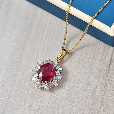 AAA African Ruby, Luxuriant Lab Grown Diamond G-H SI 4.28 ctw Pendant Necklace (20 Inches) in 18K Vermeil YG Over Sterling Silver