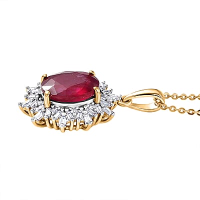 AAA African Ruby, Luxuriant Lab Grown Diamond G-H SI 4.28 ctw Pendant Necklace (20 Inches) in 18K Vermeil YG Over Sterling Silver