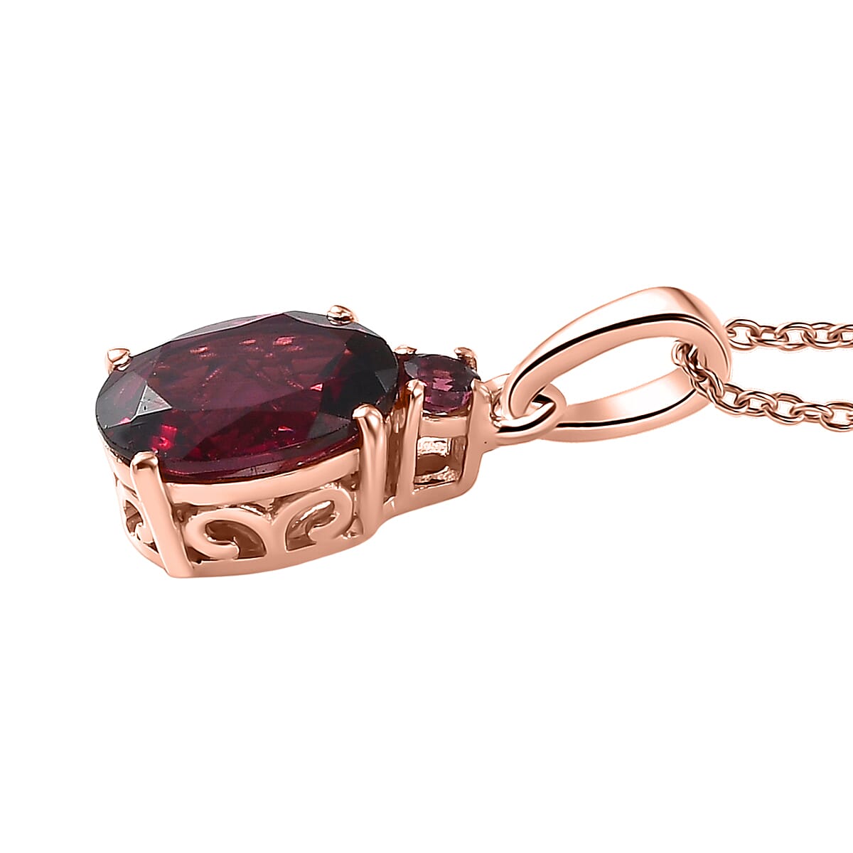 D'Joy Premium Orissa Rhodolite Garnet 1.60 ctw Velvet Fire Trilogy Pendant Necklace in 18K Vermeil Rose Gold Over Sterling Silver 20 Inches