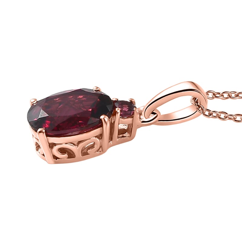 D'Joy Premium Orissa Rhodolite Garnet 1.60 ctw Velvet Fire Trilogy Pendant Necklace in 18K Vermeil Rose Gold Over Sterling Silver 20 Inches