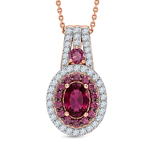 D'Joy Premium Orissa Rhodolite Garnet and Moissanite 2.00 ctw Wine Fire Halo Pendant Necklace in 18K Vermeil Rose Gold Over Sterling Silver 20 Inches 