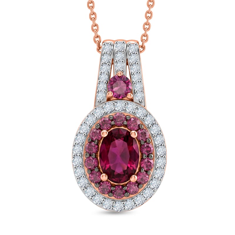D'Joy Premium Orissa Rhodolite Garnet and Moissanite 2.00 ctw Wine Fire Halo Pendant Necklace in 18K Vermeil Rose Gold Over Sterling Silver 20 Inches
