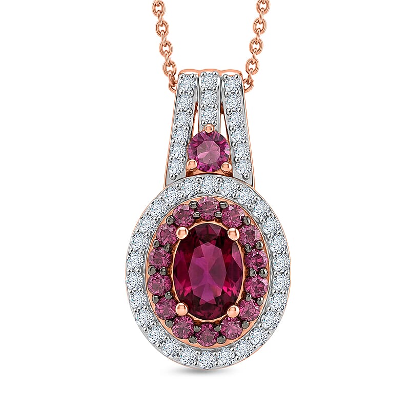 D'Joy Premium Orissa Rhodolite Garnet and Moissanite 2.00 ctw Wine Fire Halo Pendant Necklace in 18K Vermeil Rose Gold Over Sterling Silver 20 Inches