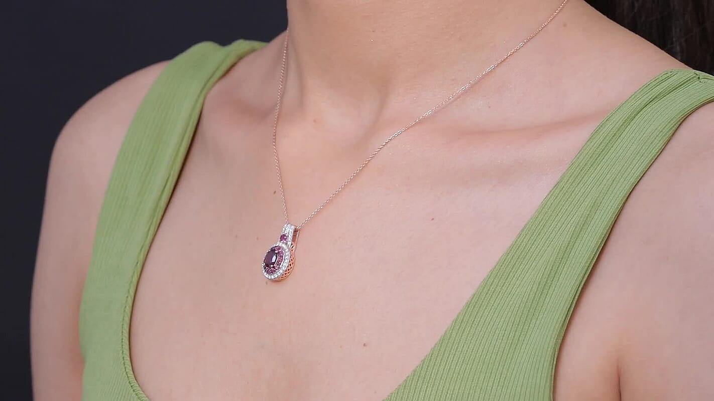 D'Joy Premium Orissa Rhodolite Garnet and Moissanite 2.00 ctw Wine Fire Halo Pendant Necklace in 18K Vermeil Rose Gold Over Sterling Silver 20 Inches