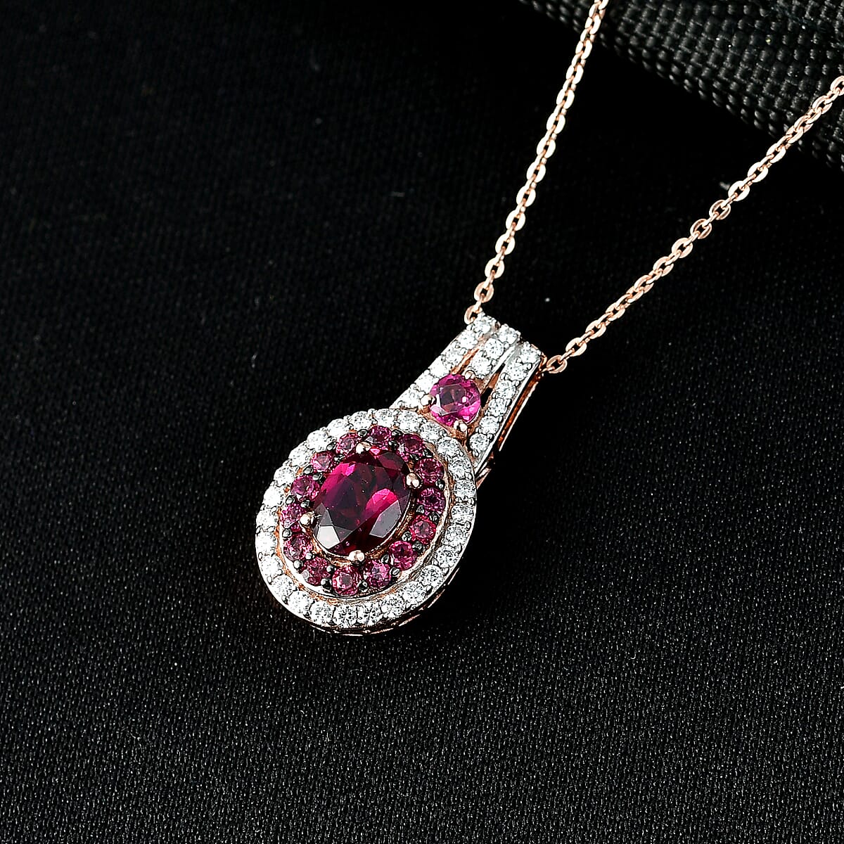 D'Joy Premium Orissa Rhodolite Garnet and Moissanite 2.00 ctw Wine Fire Halo Pendant Necklace in 18K Vermeil Rose Gold Over Sterling Silver 20 Inches  image number 1