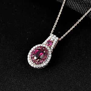 D'Joy Premium Orissa Rhodolite Garnet and Moissanite 2.00 ctw Wine Fire Halo Pendant Necklace in 18K Vermeil Rose Gold Over Sterling Silver 20 Inches 